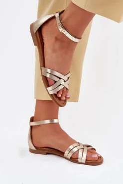 Damskie Maciejka Skórzane Sandały Damskie Na Płaskim Obcasie 07029-25 Złote