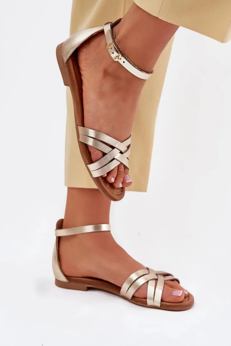 Damskie Maciejka Skórzane Sandały Damskie Na Płaskim Obcasie 07029-25 Złote