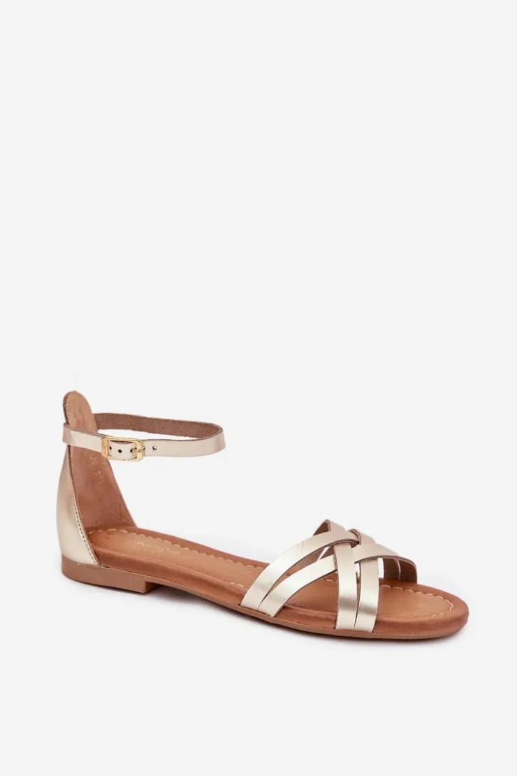 Damskie Maciejka Skórzane Sandały Damskie Na Płaskim Obcasie 07029-25 Złote