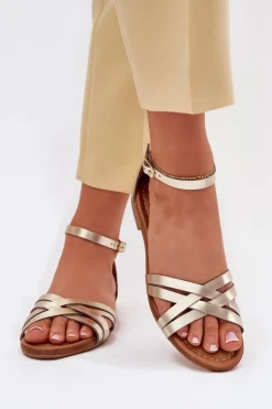 Damskie Maciejka Skórzane Sandały Damskie Na Płaskim Obcasie 07029-25 Złote