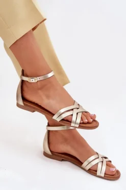 Damskie Maciejka Skórzane Sandały Damskie Na Płaskim Obcasie 07029-25 Złote