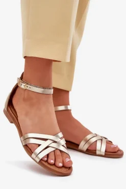 Damskie Maciejka Skórzane Sandały Damskie Na Płaskim Obcasie 07029-25 Złote