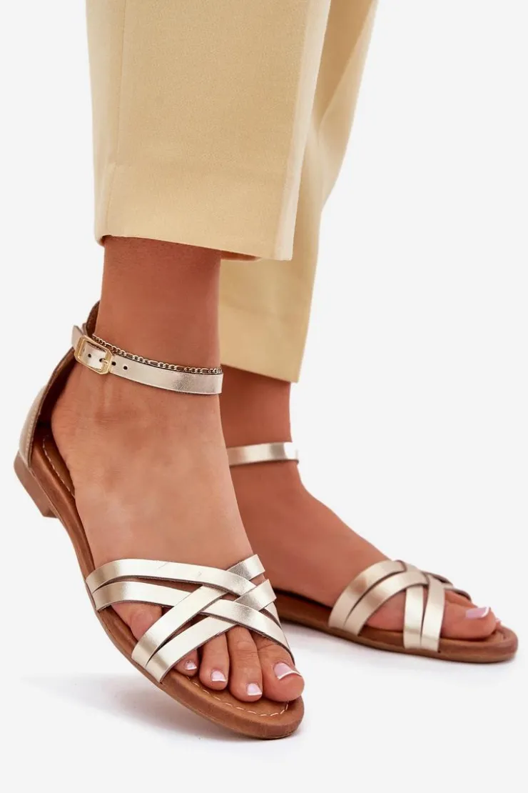 Damskie Maciejka Skórzane Sandały Damskie Na Płaskim Obcasie 07029-25 Złote