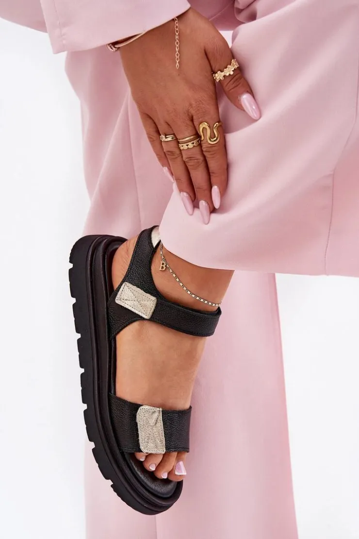 Damskie Zazoo Skórzane Sandały Damskie Na Platformie 40443 Czarne