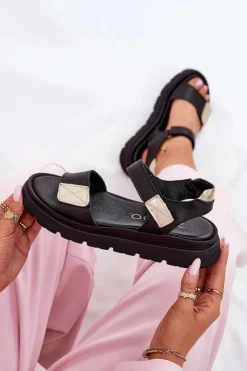 Damskie Zazoo Skórzane Sandały Damskie Na Platformie 40443 Czarne