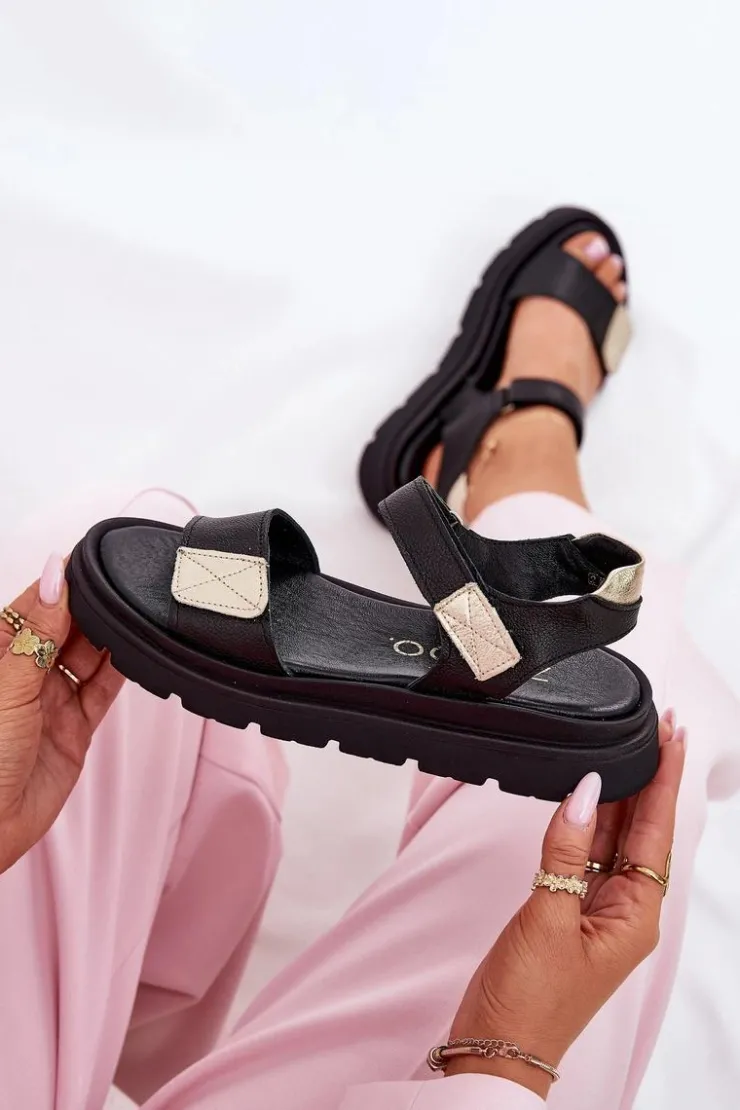 Damskie Zazoo Skórzane Sandały Damskie Na Platformie 40443 Czarne