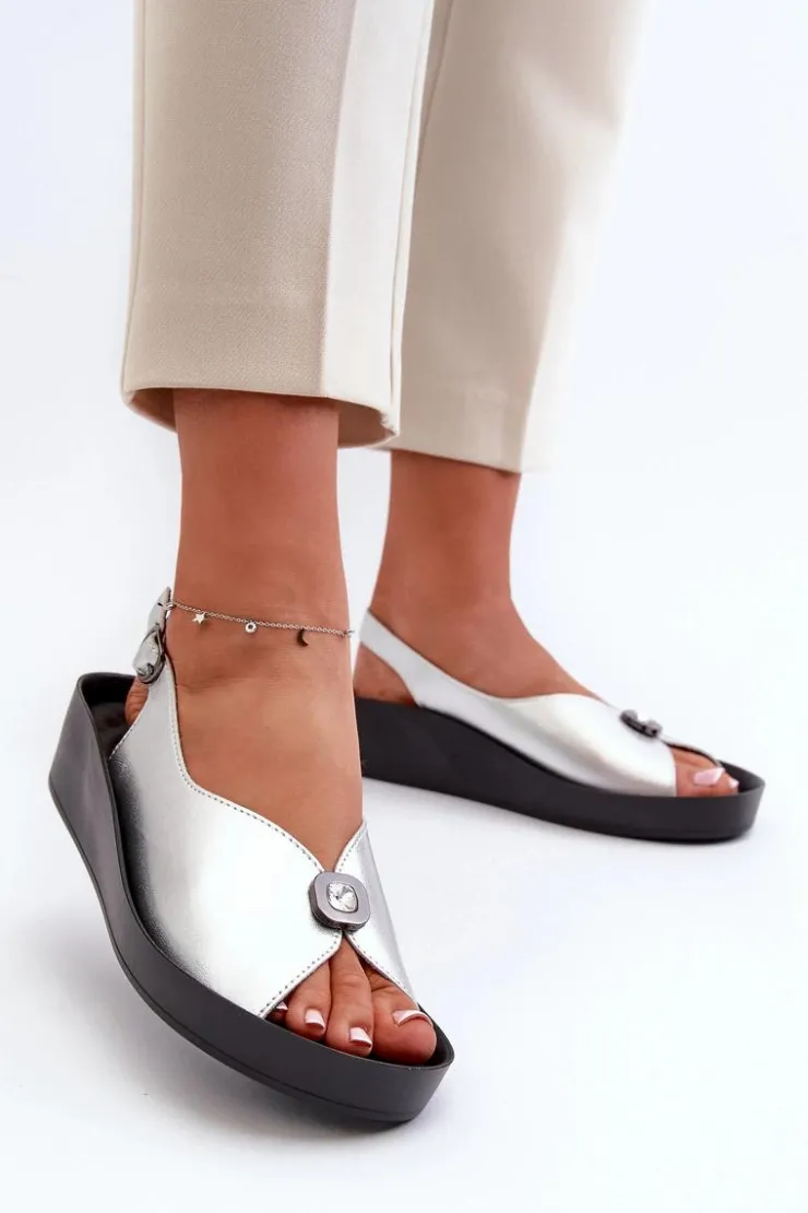 Hot Damskie buty S.Barski Skórzane Sandały Damskie Na Koturnie I Platformie S.Barski KV27-020 Srebrne