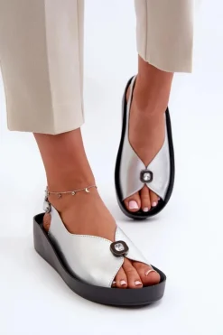 Hot Damskie buty S.Barski Skórzane Sandały Damskie Na Koturnie I Platformie S.Barski KV27-020 Srebrne