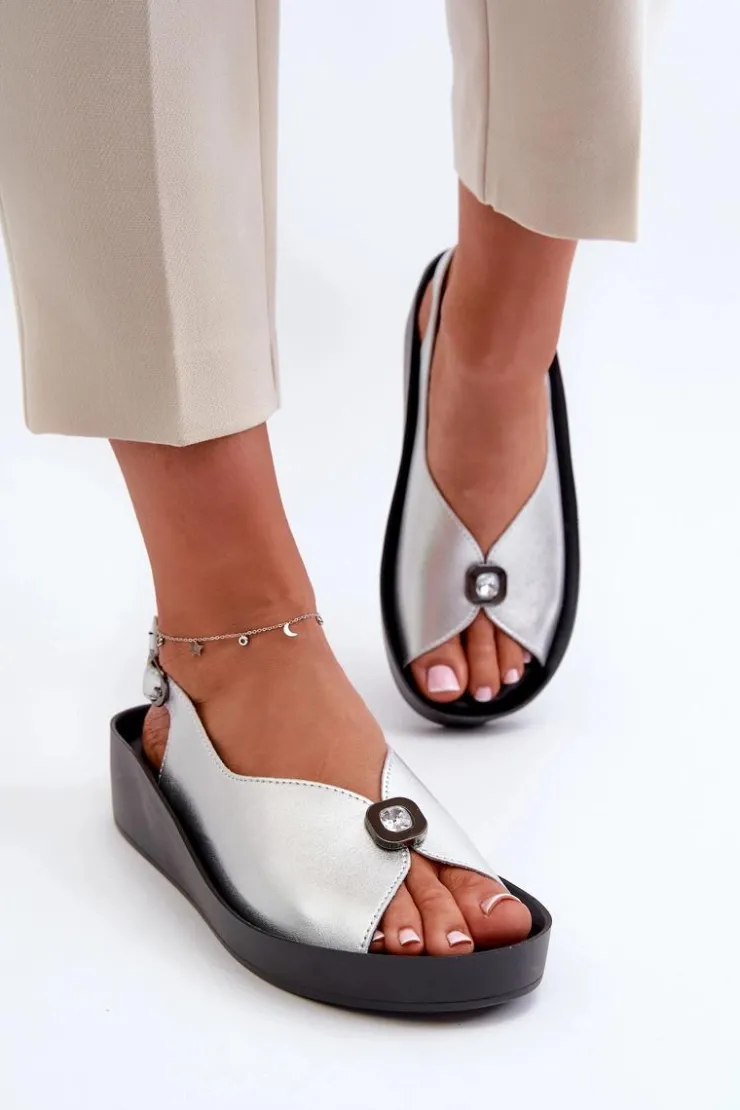 Hot Damskie buty S.Barski Skórzane Sandały Damskie Na Koturnie I Platformie S.Barski KV27-020 Srebrne