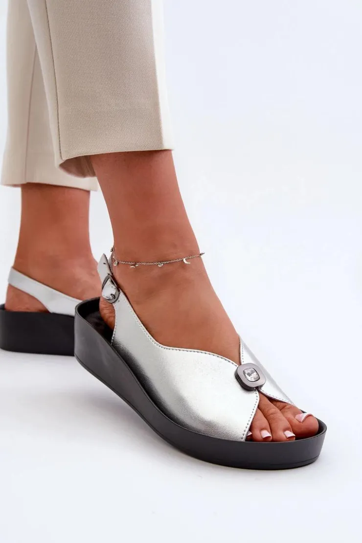 Hot Damskie buty S.Barski Skórzane Sandały Damskie Na Koturnie I Platformie S.Barski KV27-020 Srebrne