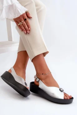 Hot Damskie buty S.Barski Skórzane Sandały Damskie Na Koturnie I Platformie S.Barski KV27-020 Srebrne