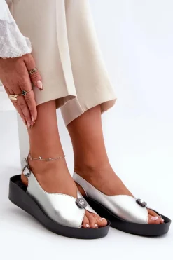 Hot Damskie buty S.Barski Skórzane Sandały Damskie Na Koturnie I Platformie S.Barski KV27-020 Srebrne