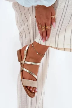 Maciejka Sandały Płaskie*Skórzane Sandały Damskie Na Płaskim Obcasie 06966-25 Złote