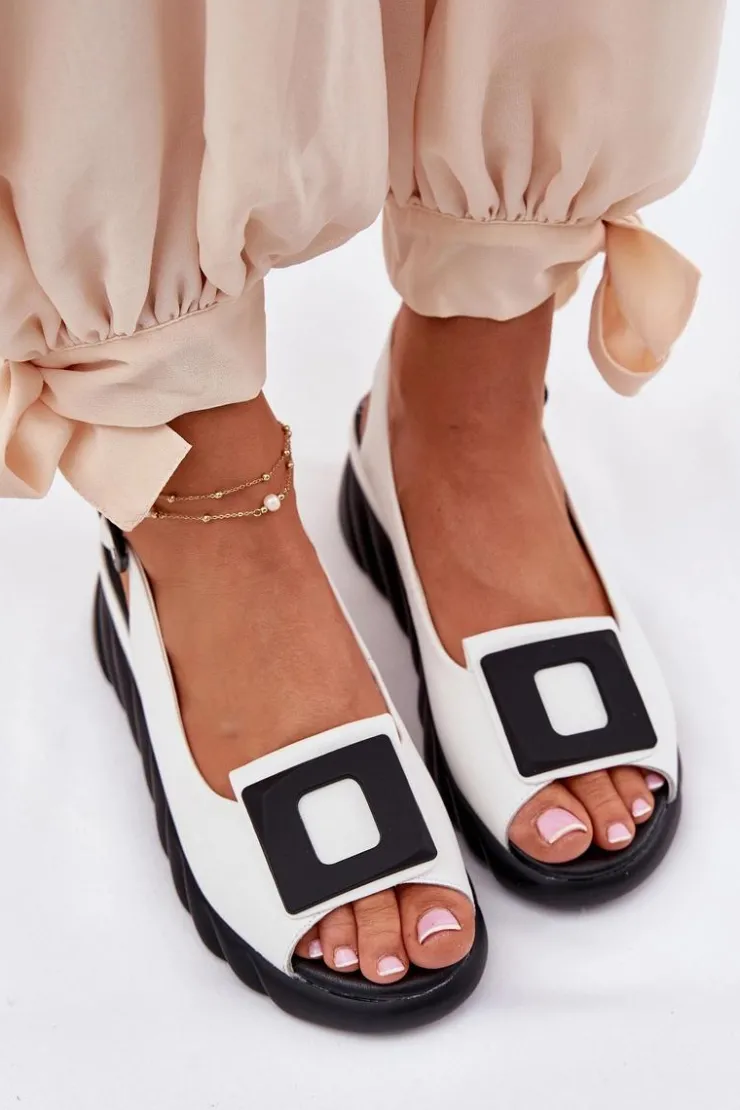 Artiker Sandały Z Cholewką|Sandały Na Koturnie*Skórzane Sandały Damskie Na Koturnie z Ozdobą 56C2157 Białe Biały