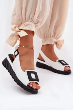 Artiker Sandały Z Cholewką|Sandały Na Koturnie*Skórzane Sandały Damskie Na Koturnie z Ozdobą 56C2157 Białe Biały