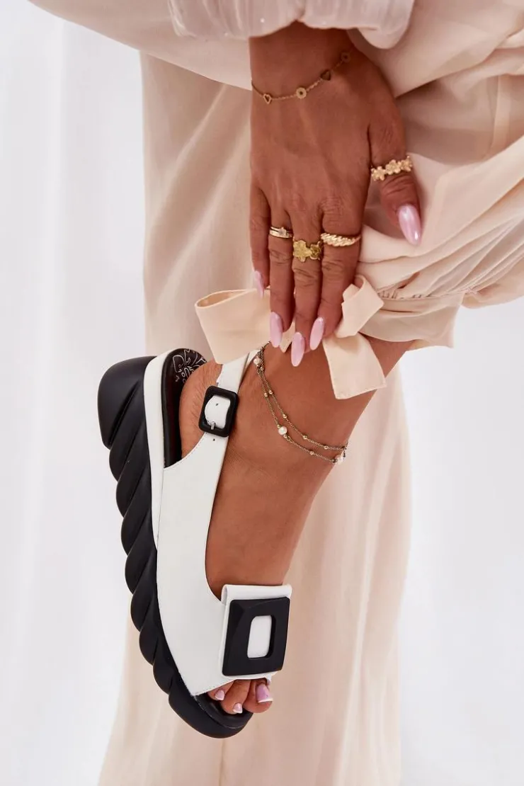 Artiker Sandały Z Cholewką|Sandały Na Koturnie*Skórzane Sandały Damskie Na Koturnie z Ozdobą 56C2157 Białe Biały