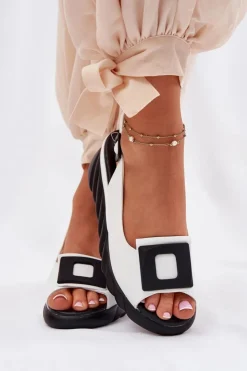 Artiker Sandały Z Cholewką|Sandały Na Koturnie*Skórzane Sandały Damskie Na Koturnie z Ozdobą 56C2157 Białe Biały