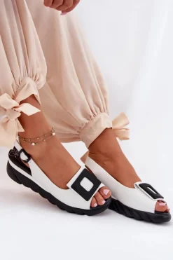 Artiker Sandały Z Cholewką|Sandały Na Koturnie*Skórzane Sandały Damskie Na Koturnie z Ozdobą 56C2157 Białe Biały