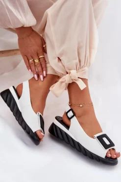 Artiker Sandały Z Cholewką|Sandały Na Koturnie*Skórzane Sandały Damskie Na Koturnie z Ozdobą 56C2157 Białe Biały