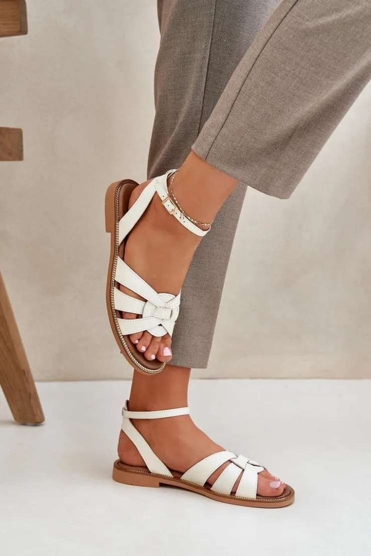 Damskie Boto Skórzane Sandały Damskie Na Płaskim Obcasie Zazoo 3688 Ecru