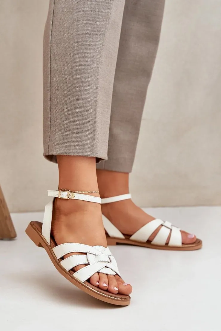 Damskie Boto Skórzane Sandały Damskie Na Płaskim Obcasie Zazoo 3688 Ecru