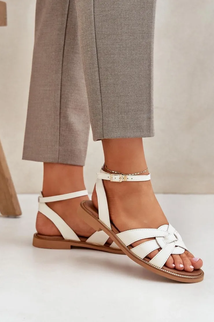 Damskie Boto Skórzane Sandały Damskie Na Płaskim Obcasie Zazoo 3688 Ecru