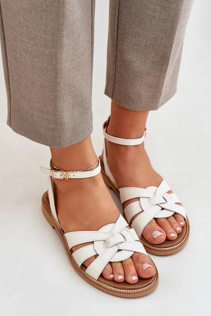 Damskie Boto Skórzane Sandały Damskie Na Płaskim Obcasie Zazoo 3688 Ecru