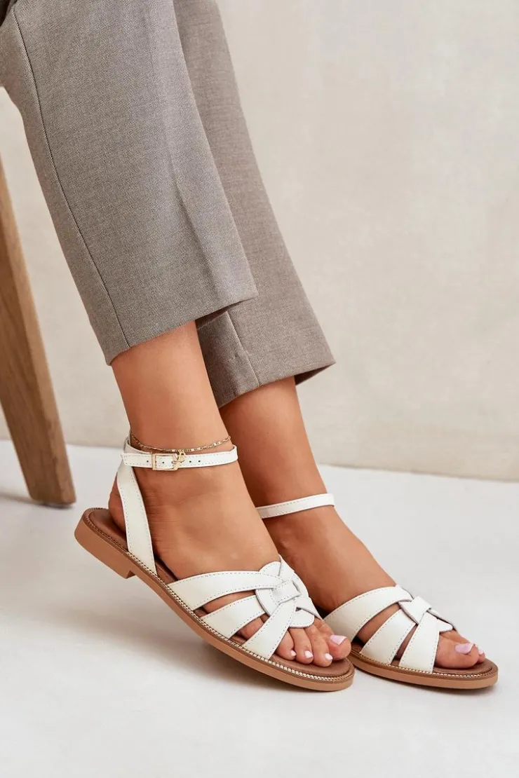 Damskie Boto Skórzane Sandały Damskie Na Płaskim Obcasie Zazoo 3688 Ecru