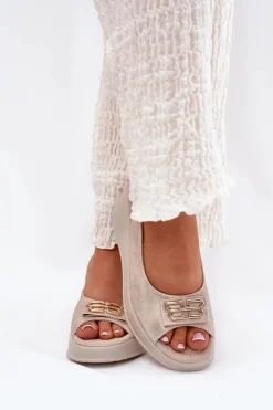 Damskie Damskie buty S.Barski Skórzane Sandały Damskie Na Koturnie Z Ozdobnym Detalem S.Barski LR51-593 Złote