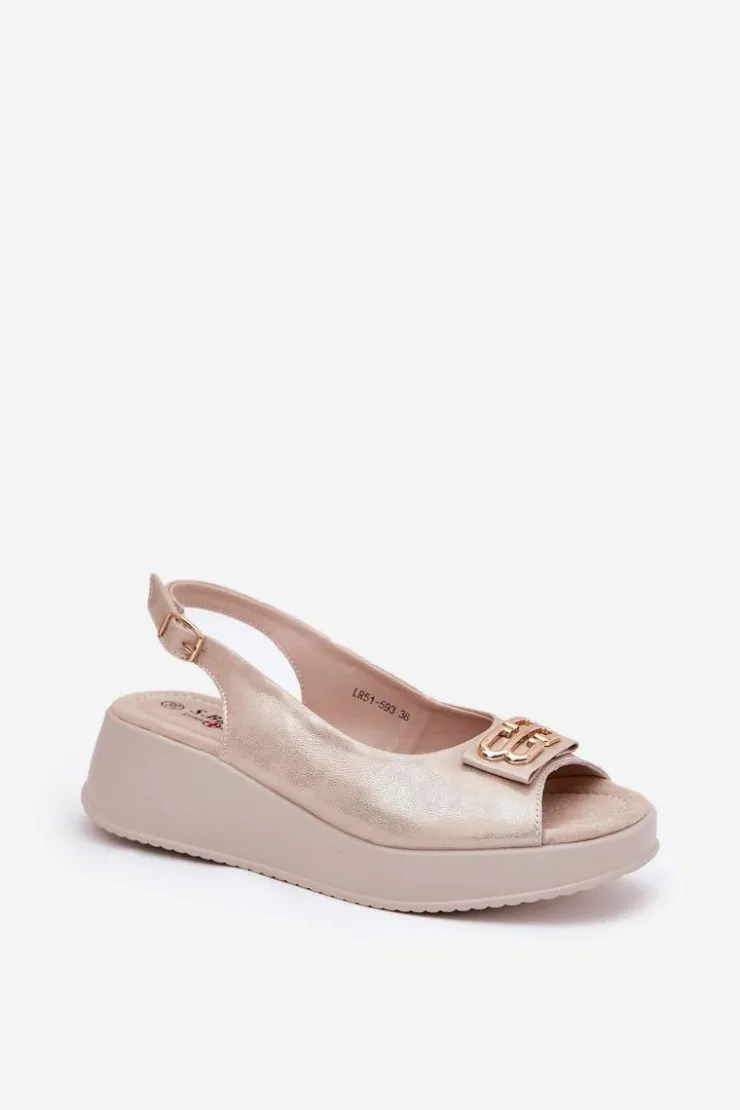 Damskie Damskie buty S.Barski Skórzane Sandały Damskie Na Koturnie Z Ozdobnym Detalem S.Barski LR51-593 Złote