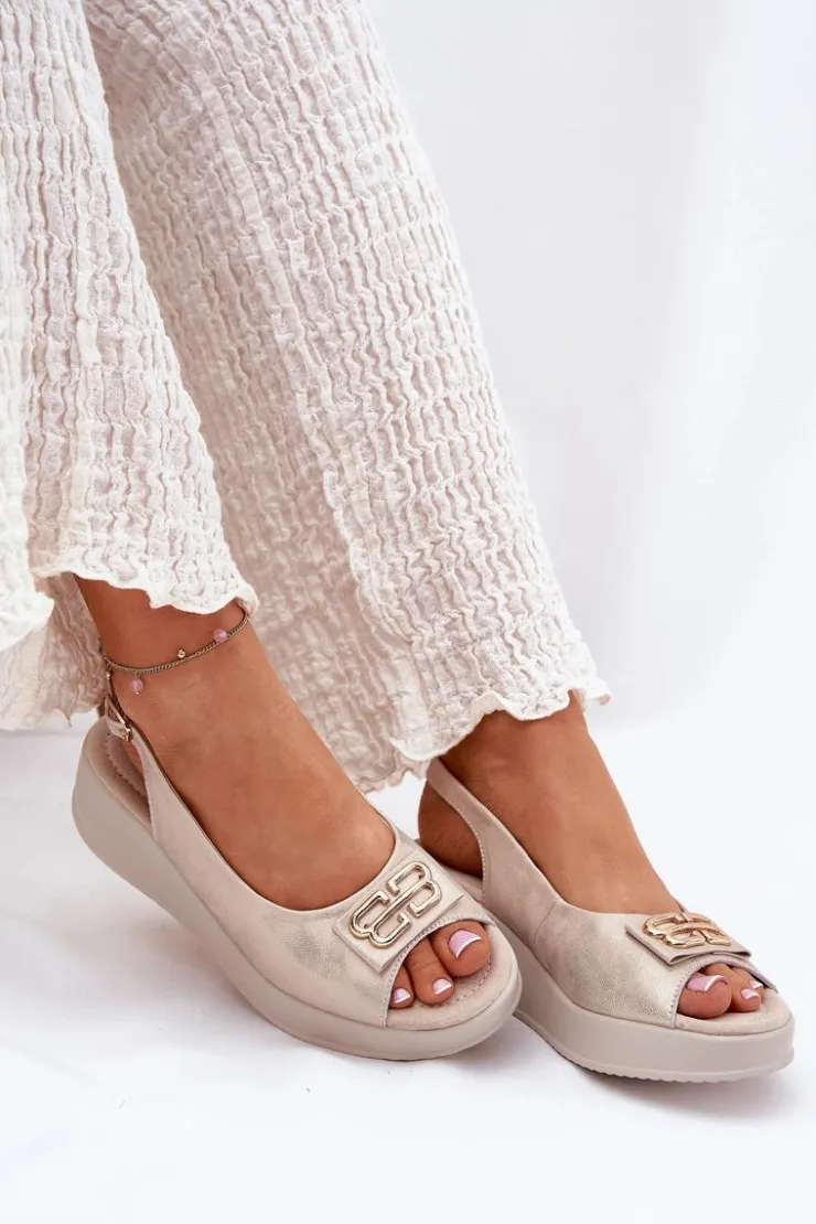 Damskie Damskie buty S.Barski Skórzane Sandały Damskie Na Koturnie Z Ozdobnym Detalem S.Barski LR51-593 Złote