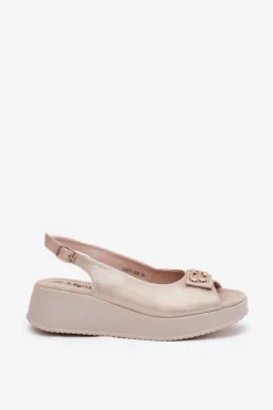 Damskie Damskie buty S.Barski Skórzane Sandały Damskie Na Koturnie Z Ozdobnym Detalem S.Barski LR51-593 Złote