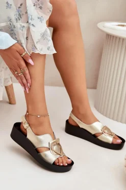 Online Damskie buty S.Barski Skórzane Sandały Damskie Na Koturnie S.Barski KV51-031 Złote Złoty