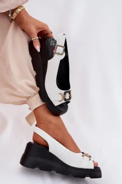 Artiker Sandały Z Cholewką|Sandały Na Koturnie*Skórzane Sandały Damskie Na Koturnie I Platformie Z Ozdobą 56C1588 Białe Biały