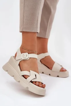 Hot Boto Skórzane Sandały Damskie Na Koturnie Artiker 54C1624 Beżowe