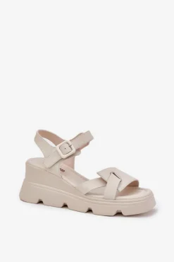 Hot Boto Skórzane Sandały Damskie Na Koturnie Artiker 54C1624 Beżowe