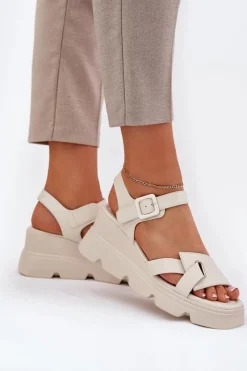 Hot Boto Skórzane Sandały Damskie Na Koturnie Artiker 54C1624 Beżowe