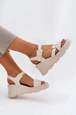 Hot Boto Skórzane Sandały Damskie Na Koturnie Artiker 54C1624 Beżowe