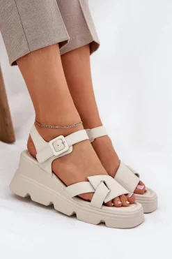 Hot Boto Skórzane Sandały Damskie Na Koturnie Artiker 54C1624 Beżowe