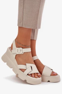 Hot Boto Skórzane Sandały Damskie Na Koturnie Artiker 54C1624 Beżowe