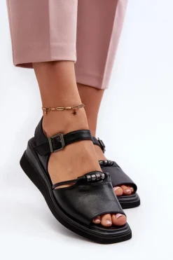 Buty damskie Vinceza Sandały Na Koturnie*Skórzane Sandały Damskie Na Koturnie Vinceza 66624 Czarne