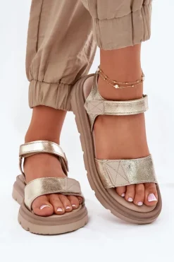 Zazoo Sandały Płaskie*Skórzane Sandały Damskie Na Platformie 40443 Złote Złoty