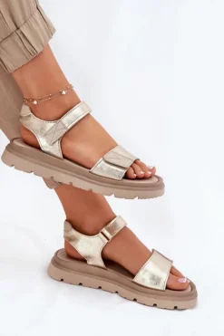 Zazoo Sandały Płaskie*Skórzane Sandały Damskie Na Platformie 40443 Złote Złoty