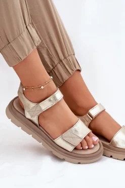 Zazoo Sandały Płaskie*Skórzane Sandały Damskie Na Platformie 40443 Złote Złoty