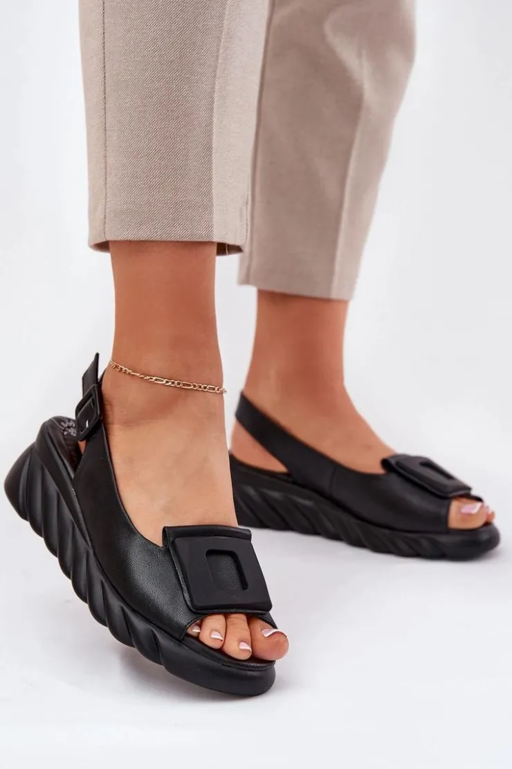 Artiker Sandały Na Koturnie|Sandały Z Cholewką*Skórzane Sandały Damskie Na Koturnie z Ozdobą 56C2156 Czarne Czarny