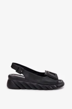 Artiker Sandały Na Koturnie|Sandały Z Cholewką*Skórzane Sandały Damskie Na Koturnie z Ozdobą 56C2156 Czarne Czarny