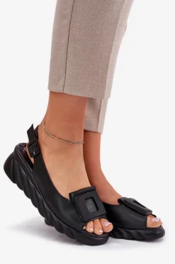 Artiker Sandały Na Koturnie|Sandały Z Cholewką*Skórzane Sandały Damskie Na Koturnie z Ozdobą 56C2156 Czarne Czarny