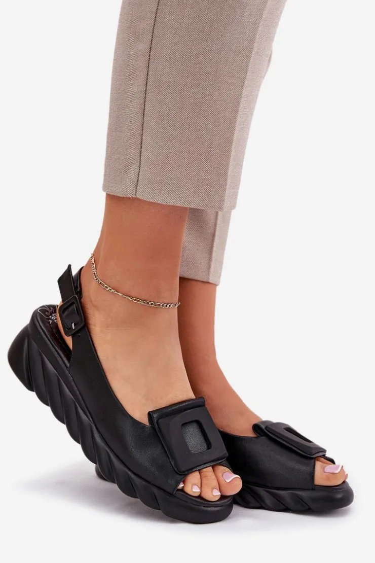 Artiker Sandały Na Koturnie|Sandały Z Cholewką*Skórzane Sandały Damskie Na Koturnie z Ozdobą 56C2156 Czarne Czarny