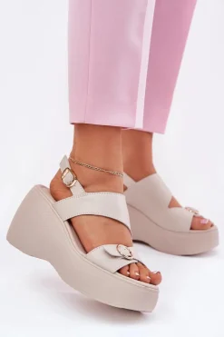 Damskie buty S.Barski Skórzane Sandały Damskie Na Koturnie I Platformie S.Barski LR51-540 Beżowe Beżowy