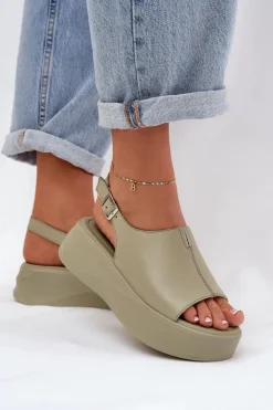 Damskie Damskie buty S.Barski Skórzane Sandały Damskie Na Platformie D&A SJ2301-2 Zielone